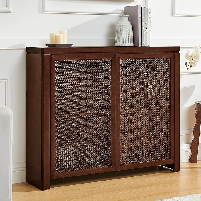 Amposei Mid Century Modern Rattan Sideboard 39.4’’ Small Coffee Bar Console Buffet Cabinet Table for Living Dining Room Entryway Hallway, Walnut