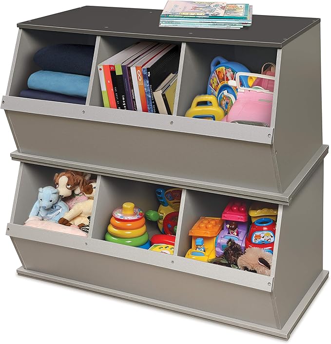 Badger Basket Three-Bin Stackable Storage Cubby – Woodgrain Gray, Expandable Storage with Top Display Shelf for Toys, Crafts & More