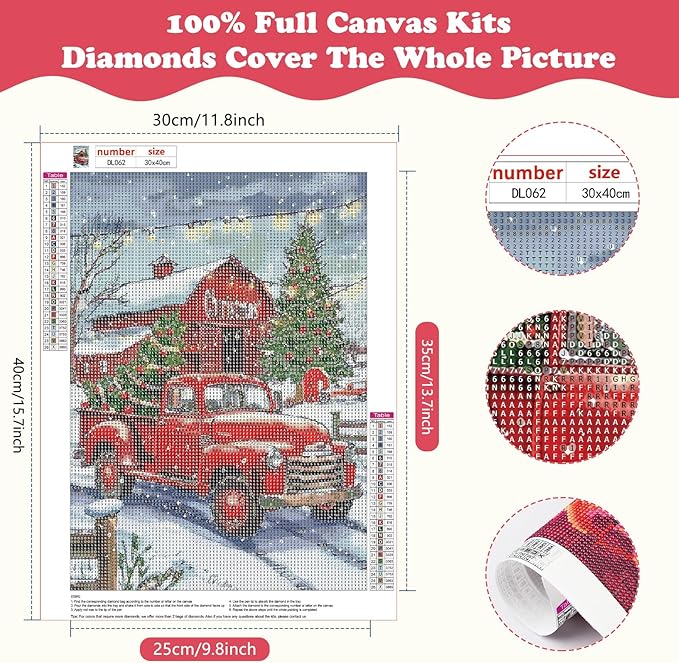 SENQAO Red Truck Diamond Art Kits for Adult, Christmas Diamond Painting Kits for Beginners, DIY Full Drill Winter Holdiay Rhinestone Diamond Dots Gem Painting Art Craft Home Decor 12 x16 Inch