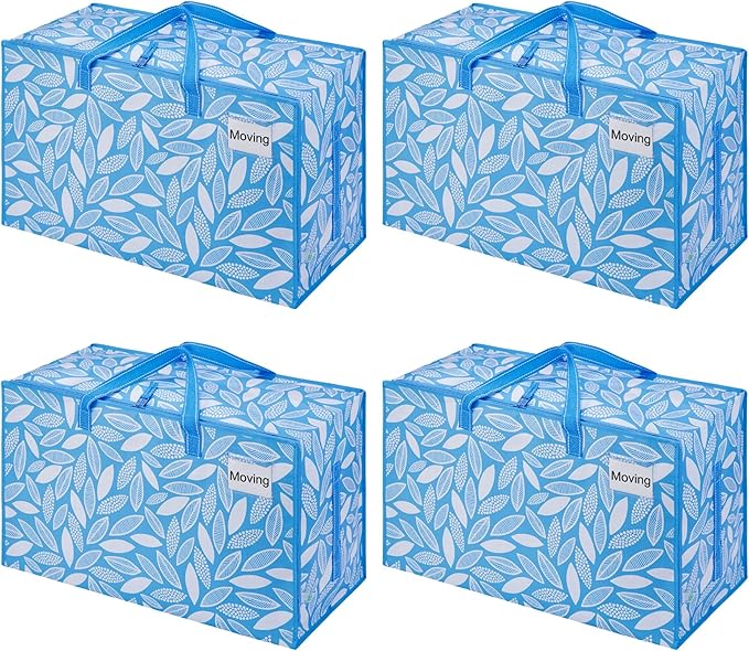 VENO 4 Pack Extra Large Heavy Duty Moving Bags with Wide Opening & Reinforced Handles, Reusable Storage Tote Bags with Strong Zippers for Clothes, College Dorm Essentials & Moving Supplies