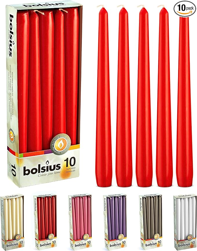 BOLSIUS 10 Count Unscented 10 Inch Red Household Taper Candles - 8 Hours Burn Time - Premium European Quality - Smokeless Dripless Taper Candlestick - Great for Special Occasion, Church, and Everyday