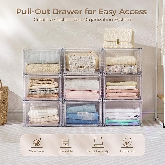 Vtopmart 9 Pack 18QT Clear Stackable Storage Drawers,Easily Assemble Closet Organizers,Plastic Storage Bins for Bathroom,Cabinet,Kitchen Pantry,Under Sink Organization(Medium)