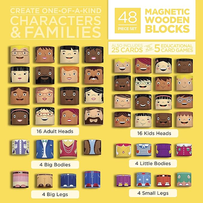 48-Piece Multiracial Family Play Set – Magnetic Wooden Diversity Building Blocks for Kids – Multicultural Puzzles, SEL Toy for Ages 1+