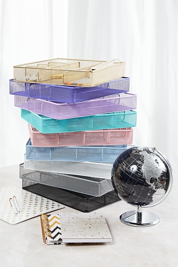 Annova Desk Top Organizer Tray for Office Organization - Metal Mesh - Storage Tray with Dividers for Pens, Desktop Accessories, Bathroom, Kitchen, Makeup and Office Supplies (Large, Light Pink)