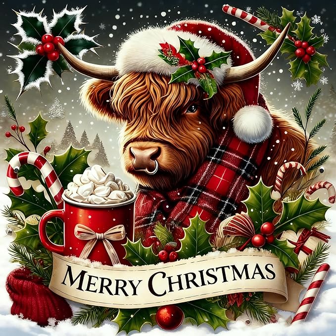 VIGEGU Christmas Diamond Art Kits for Adults,Winter Highland Cow Christmas Diamond Painting Kits for Beginners 5D Diamond Art,DIY Full Drill Round Gem Art Paintings for Home Wall Decor 13.7x13.7 in