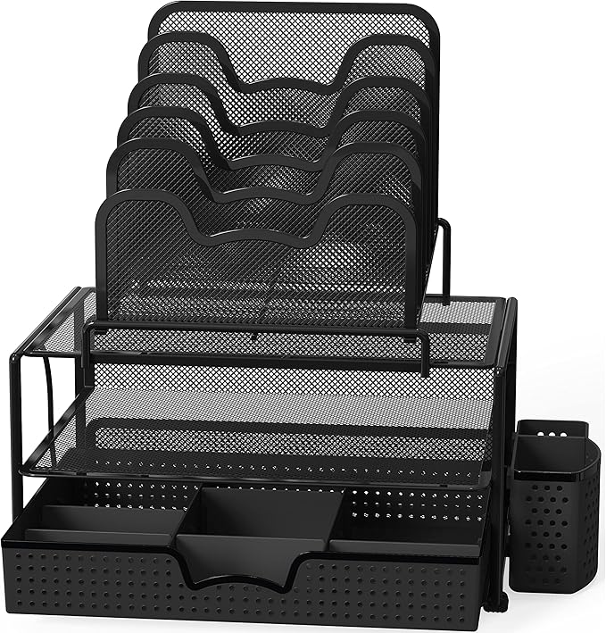 Simple Houseware Mesh Desk Organizer with Sliding Drawer, Double Tray and 5 Stacking Sorter Sections, Black
