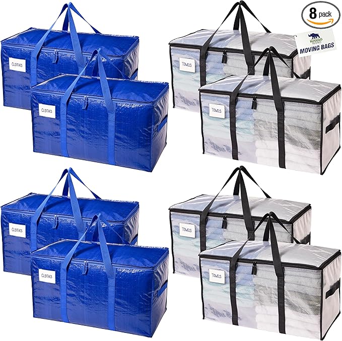 RUGGED RHINO 8 Pack Heavy Duty Extra Large Moving Bags, Durable Bag Strong Handles and Zipper, Moving Boxes Alternative for College Packing, Holiday Décor, Space Saving Storage with Label, Blue/Clear
