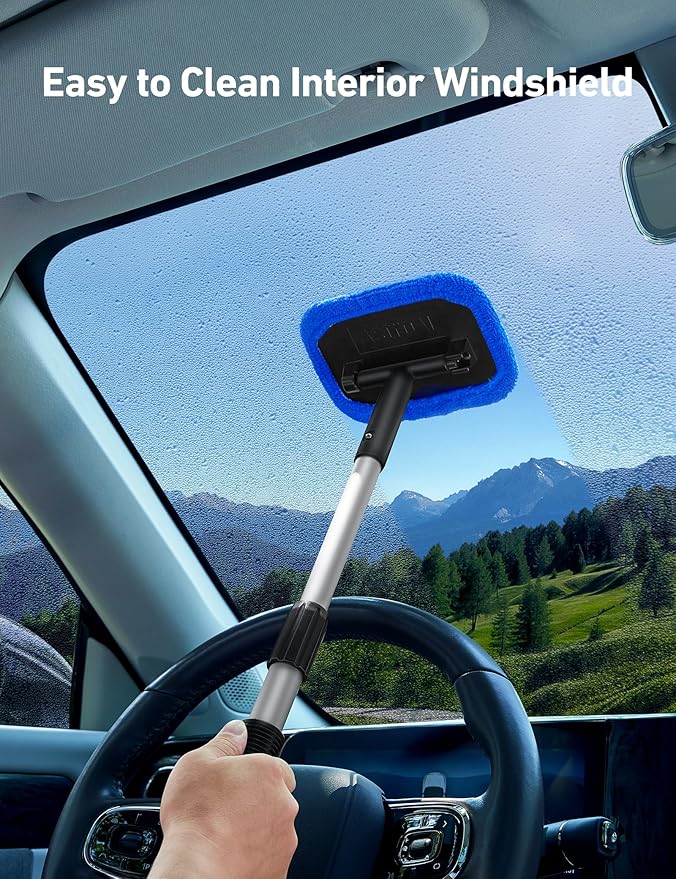 AstroAI Windshield Cleaner Tool, Microfiber Car Window Cleaner with 4 Reusable and Washable Microfiber Pads and Extendable Handle Auto Inside Glass Wiper Kit, Blue