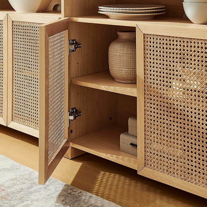 63’’ Rattan Sideboard Cabinet, Boho Mid Century Modern Credenza Buffet Table & TV Console with Adjustable Shelves and Open Storage for Living Room, Hallway, Entryway, Kitchen & Dining, Natural
