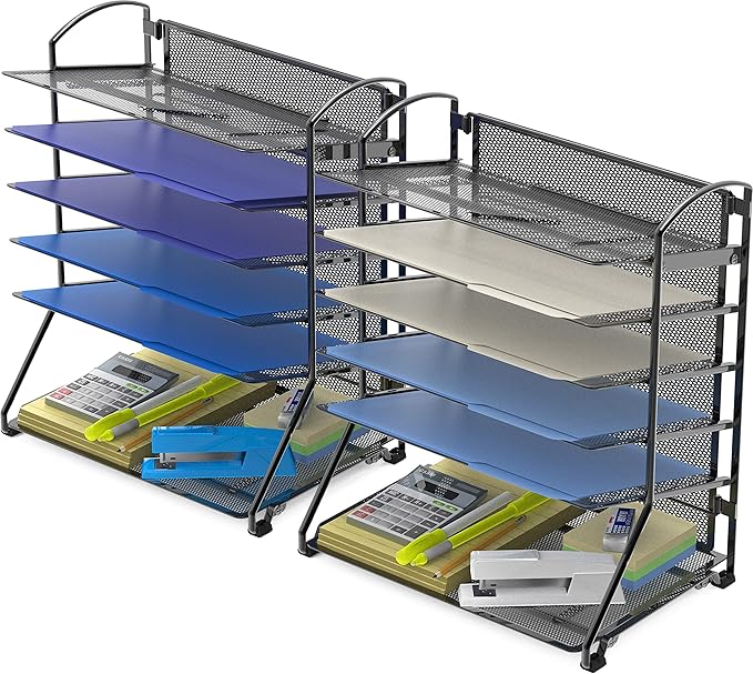 Simple Houseware 6-Tier Sliding File Organizer, Desk Letter Tray for Document and Mail Sorting, Black, 2 Packs