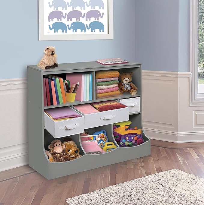 Badger Basket Combo Toy Storage Organizer and Bookshelf - Kids Storage Unit with 3 Removable Baskets, Open Shelves, Top Display Surface - Gray Cloud