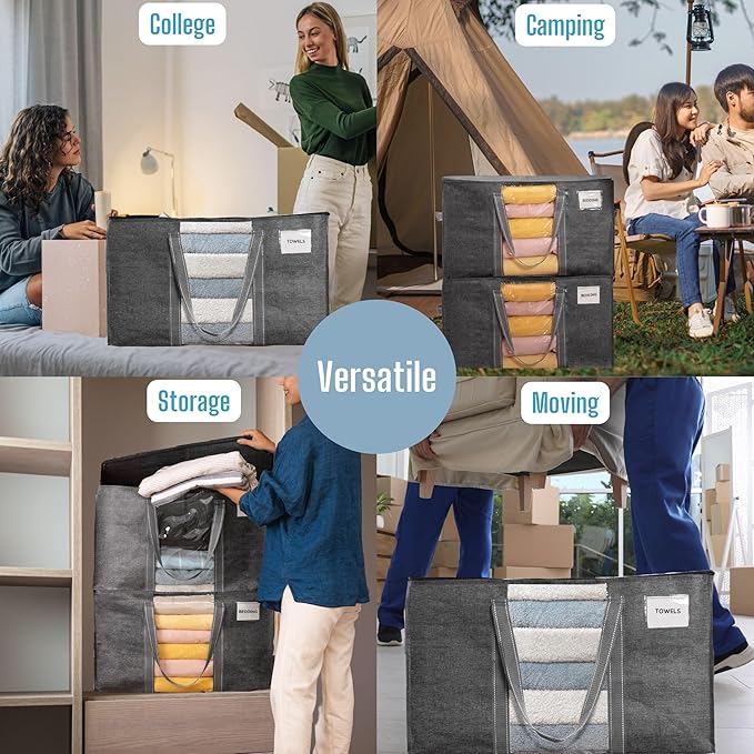 VENO 6 Pack Moving Bags with Clear Window, Heavy Duty Storage Bins with Lid, Around Handles, Tag, Zippers, Extra Large Totes Packing Moving Boxes Supplies for College Dorm Clothes (Dark Gray)