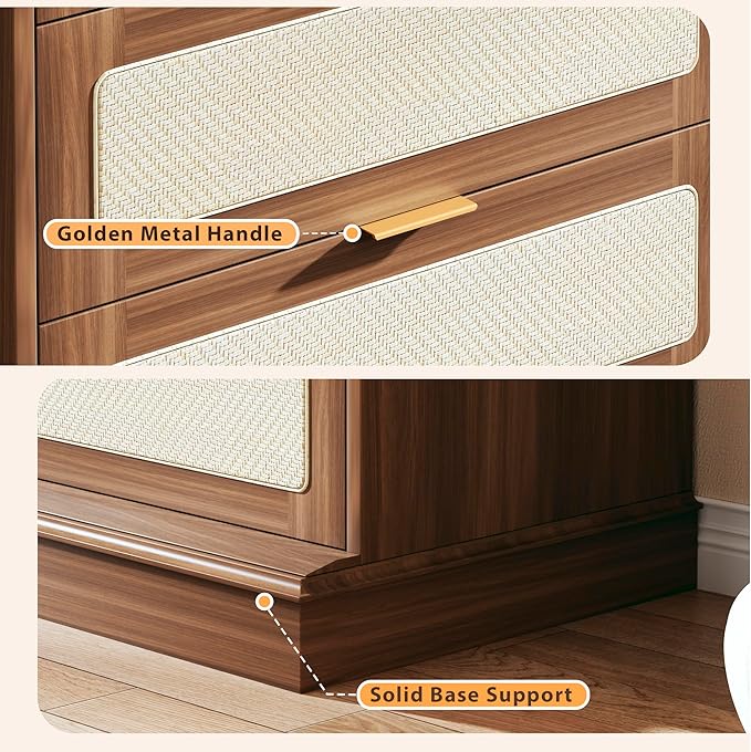HUAHUU 6 Drawer Dresser for Bedroom, 50 Inch Tall Dressers & Rattan Chest of Drawers, Mid Century Style, Wood Modern Dressers Organizer for Bedroom, Living Room, Hallway, Entryway, Walnut