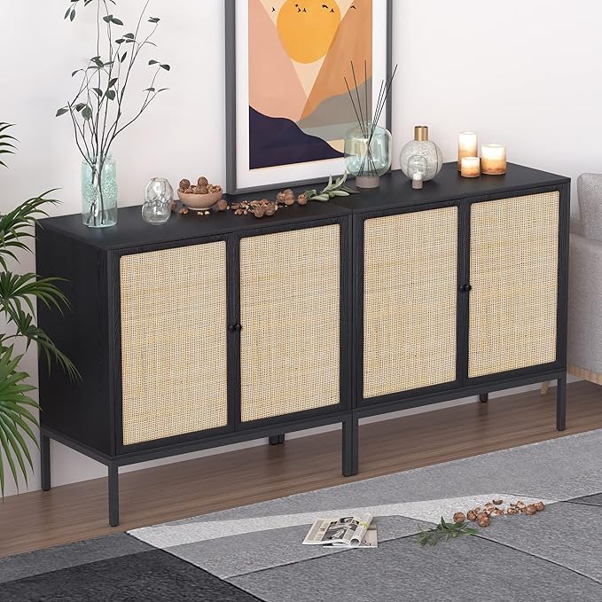 XIAO WEI Sideboard Buffet Cabinet with 2 Natural Rattan Decorated Doors, 31.5" W Accent Rattan Cabinet, Boho Credenza Storage Cabinet, for Living Room Dining Room Hallway, Metal Legs, Black(2 PCS)