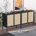 XIAO WEI Sideboard Buffet Cabinet with 2 Natural Rattan Decorated Doors, 31.5" W Accent Rattan Cabinet, Boho Credenza Storage Cabinet, for Living Room Dining Room Hallway, Metal Legs, Black(2 PCS)