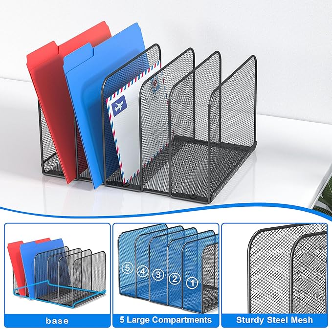 TOPCJ 5 Sections Desk File Holder/Rack/Sorter,Mesh File Organizer,File Folder Organizer,Metal Upright Desktop Organization for Documents,Magazine,Kitchenware,Antiskid,Antirust,Sturdy,1 Pack