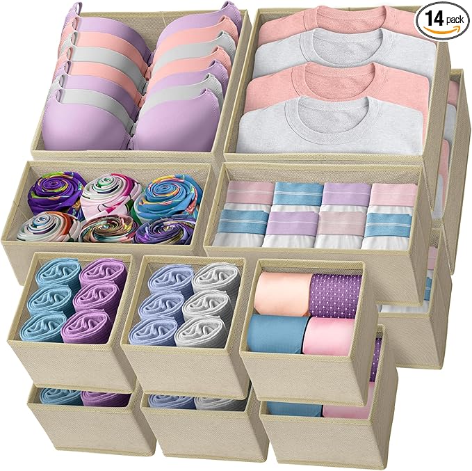 Reli. Drawer Organizer Clothes (14 Pack) | Dresser Drawer Organizers & Nursery Organization | Foldable Fabric Dresser Storage Dividers for Bras, Nursery, Changing Table, Baby Clothes, Clothing (Beige)