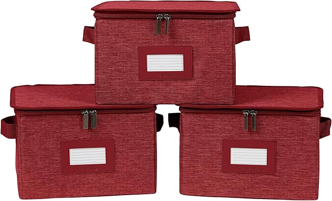 Covermates Keepsakes Zip-Top Storage Box Set, 3 Pack Heavy Duty Polyester Organizer Bins, Stackable Design, ID Window, Reinforced Handles, Closet Home Storage, Red Heather