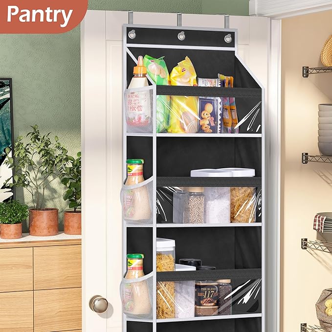 MISSLO Back of Door Storage Organizer Hanging with 6 Large Pockets 12 Side Pockets Closet Door Organizer Baby Organization for Bathroom, Pantry, Bedroom, Nursery, Clothes, Toys, Diapers, Black