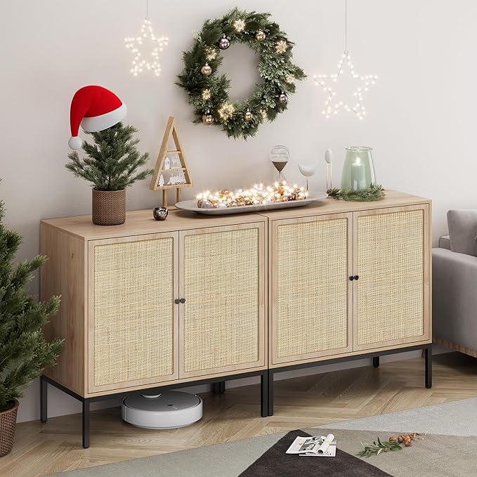 XIAO WEI Rattan Sideboard Cabinet with 2 Doors, 31.5" Boho Buffet Credenza with Metal Legs, Natural Cane Accent Storage Cabinet for Living Room, Dining Room, Entryway, Set of 2
