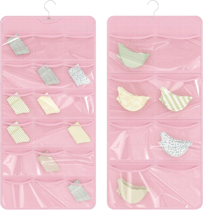 Hanging Closet Underwear Organizer, 28-Pockets Dual-Sided Storage for Socks, Bras, and Leggings Lingerie and Kids’ Clothing, Pink