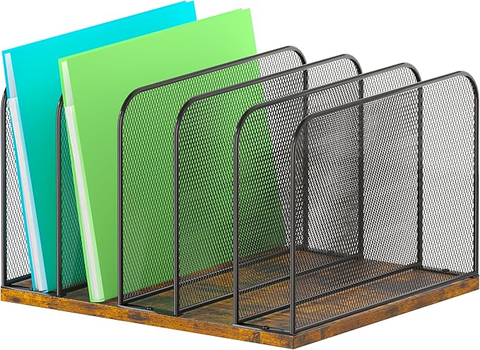 Piskyet Wooden Desk File Organizer, 5-Section Vertical File Folder Holder Stand,Metal Mail Paper Chromebook Organizer for Teacher Desk Office Classroom Desktop Organization
