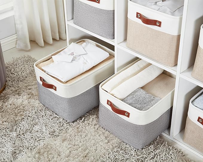 DECOMOMO Storage Baskets for Shelves - Fabric Storage Bins, Linen Closet Organizers and Storage (Grey & White, Large - 1 Pack)