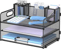 SUPEASY 3 Tier Desk Organizer with Handle & 3 Pen Holders, Mesh Paper/File Organizer for Desk, Paper Letter Tray Organizer for Office Supplies (Black)