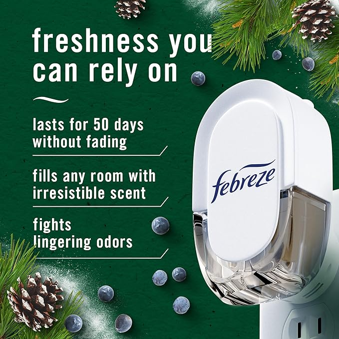 Febreze Plug in Air Freshener, Odor-Fighting Scented Oil Refill, for Home, Bathroom, & Kitchen, Long Lasting, Limited Edition Holiday Winter Pine and Juniper Berry Scent, 0.87oz Refills, 4 Count