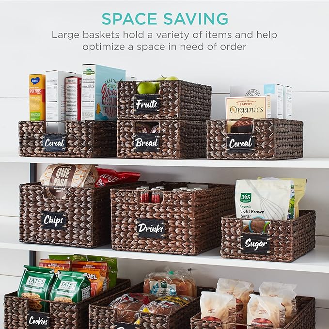 Best Choice Products Pantry Baskets Set of 2 16x12in Water Hyacinth Storage Baskets, Woven Wicker Kitchen Organizers with handles w/Chalkboard Label Chalk Marker - Brown