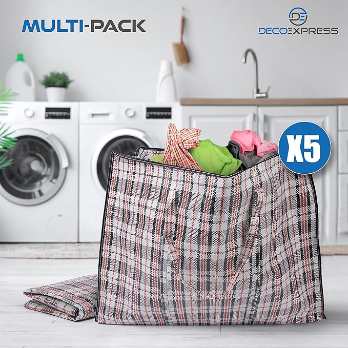 Deco Express Moving Bags with Zipper, Handles, Pack of 5 Large 75L/20 gal Foldable Heavy Duty Home Storage, Clothes Storage, Moving Supplies (Pack of 5)