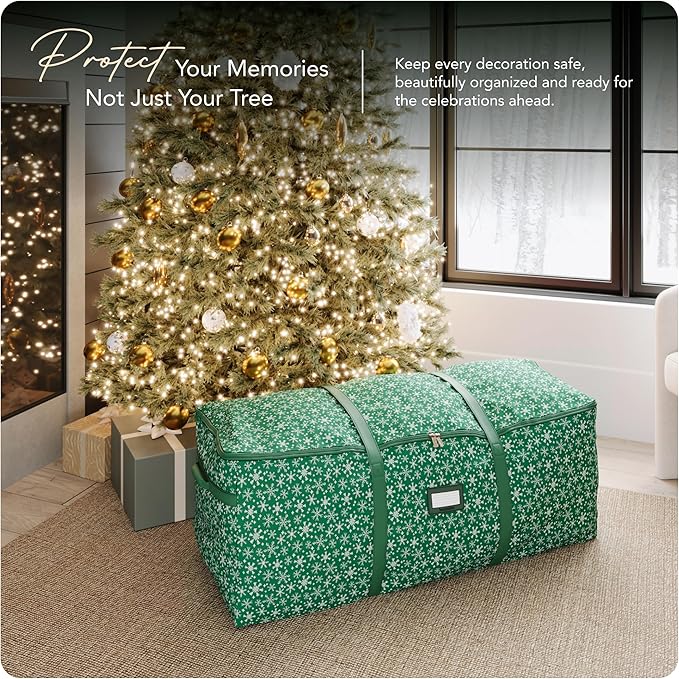 Covermates Keepsakes Christmas Tree Cinch Bag – Durable Polyester Tree Storage with Reinforced Handles & Built-in Cinch Straps – Trees, Lights & Holiday Décor, Green Snowflake