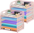 Cawukege 2 Pack 5 Tier Paper Organizer, Letter Tray with Handle, Mesh Desk Organizer, Metal File Organizer, Office Desk Accessories for Home, Office, Classroom, School -Pink
