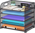 Cawukege 5 Tier Paper Organizer with Handle, Grey Metal Mesh Desk Organizer File Folder Paper Letter Tray Desktop Document Sorter for Classroom, School, Office Accessories Organization and Storage