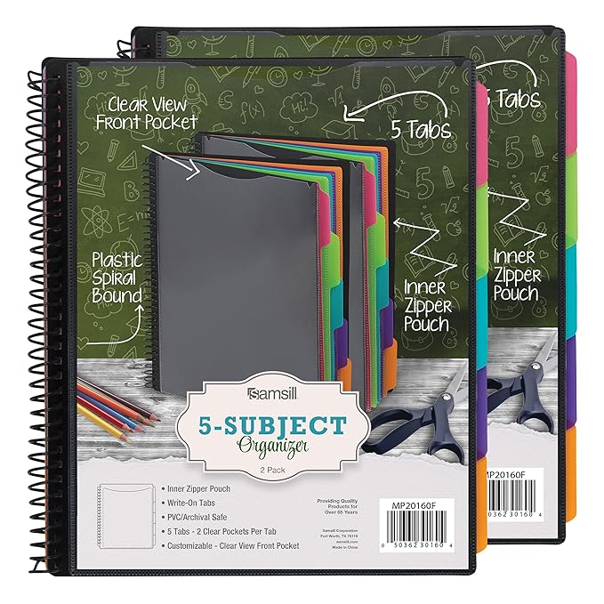 Samsill Spiral Folder Organizer (2-Pack) - 5 Dividers & 10 Pockets with Zipper Pouch, Multi Pocket Color Cordinated Folder Binder with Customizable Tabs, Document Organizer (Fashion)