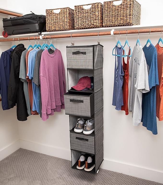 Internet's Best Hanging Closet Organizer with Drawers | 6 Shelf | 3 Drawers | Clothing Sweaters Shoes Accessories Storage | Grey