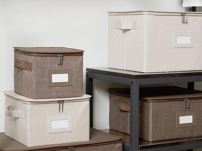Covermates Keepsakes Zip-Top Storage Box Set, 3 Pack Heavy Duty Polyester Organizer Bins, Stackable Design, ID Window, Reinforced Handles, Closet Home Storage, Beige Heather