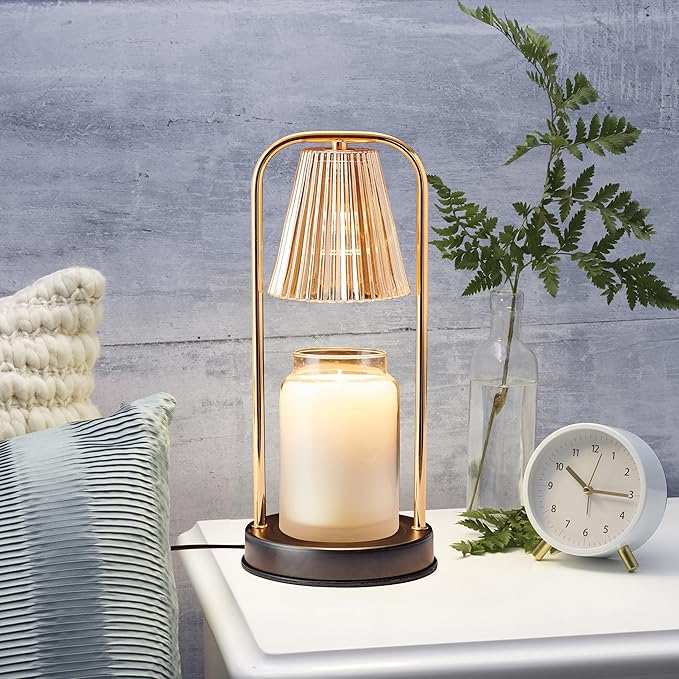 Mikasa 13.8 Inch Electric Candle Warmer Lamp with Amber Glass Shade and Wooden Base - Flameless Candle Melter with Dimmer Control for Home Decor and Fragrance, 50W Halogen Bulb Included