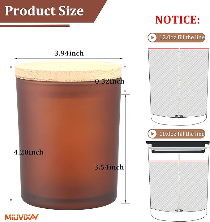 MILIVIXAY 12Pack 12 OZ Frosted Amber Thick Glass Candle Jars with Lids - Bulk Empty Candle Jar for Making Candles - Spice, Powder Containers.