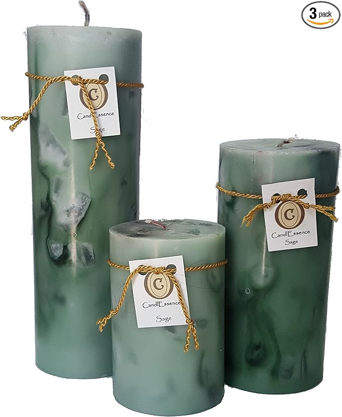 Handmade Scented Candle - Long Burning Pillar - Sage Scent (Set of 3)