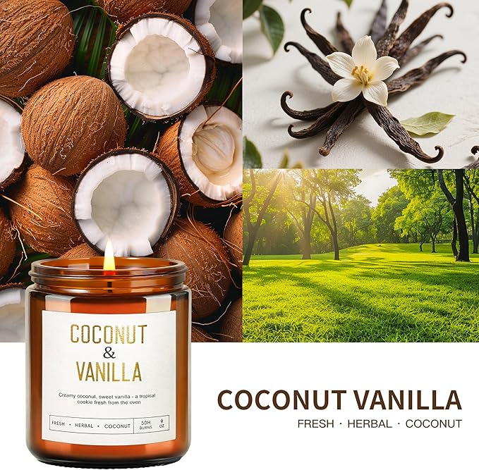 Coconut Vanilla Candles - 9 oz Natural Soy Candles for Home Scented, Long Lasting Soy Wax Aromatherapy Candle Gift Set for Women Spa Relax Stress Relief & Meditation