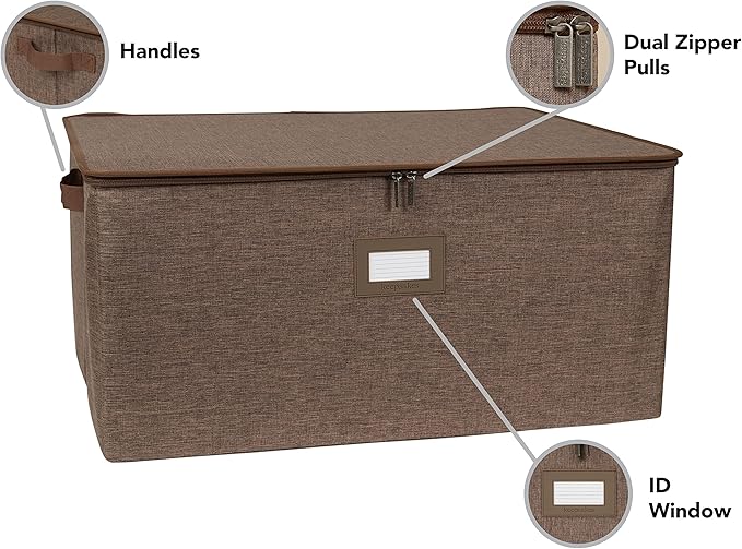 Covermates Keepsakes Zip-Top Storage Box Set, 3 Pack Heavy Duty Polyester Organizer Bins, Stackable Design, ID Window, Reinforced Handles, Closet Home Storage, Brown Heather