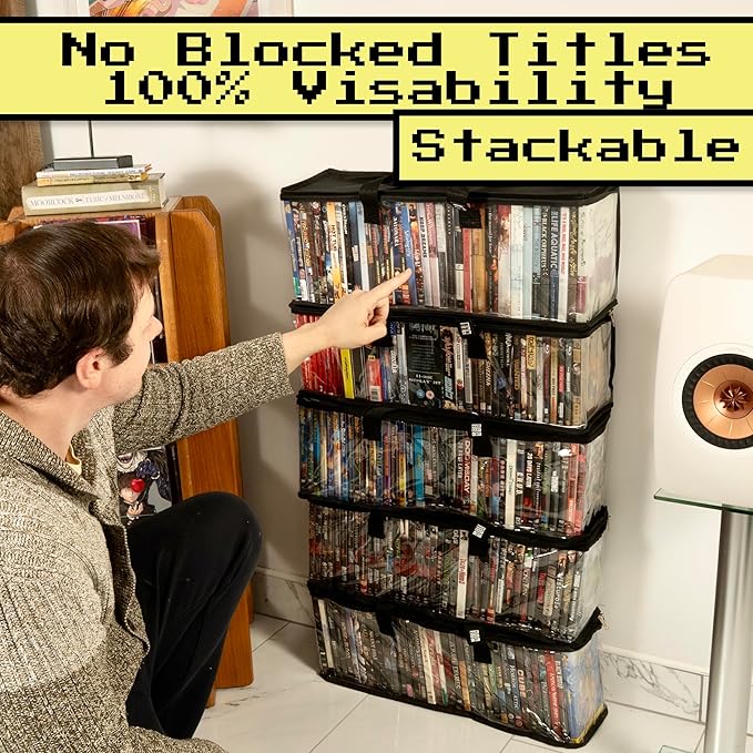 Made Easy Kit Clear View Media Storage Bag for DVDs, VHS & Video Game Cases- Protect Your Collection & Preserve The Quality of Your Cases - Stackable, Space-Saving, Fits 40 (Black DVD, 6-Pack)