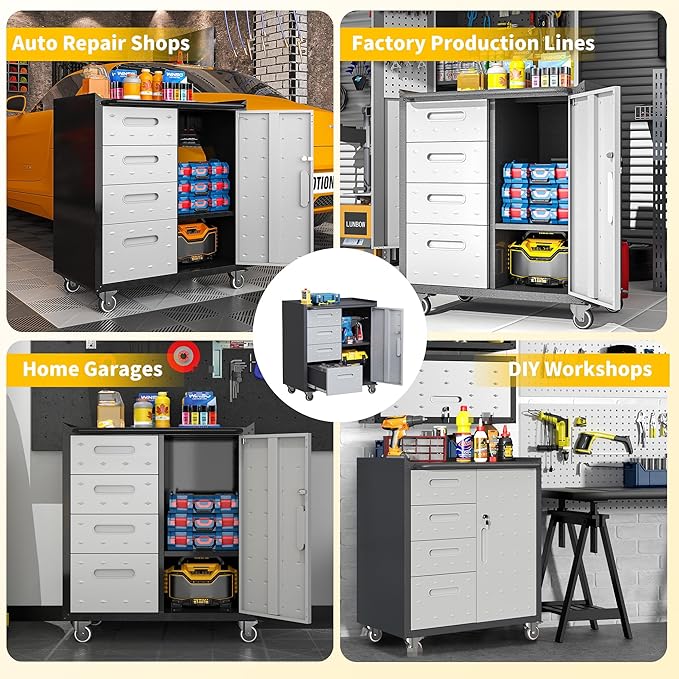 Garage Storage Cabinets with Wheels, Locking Metal Storage Cabinets with 4 Drawers and 1 Doors, Easy Assembly Rolling Tool Cabinet for Garage, Basement,Warehouse