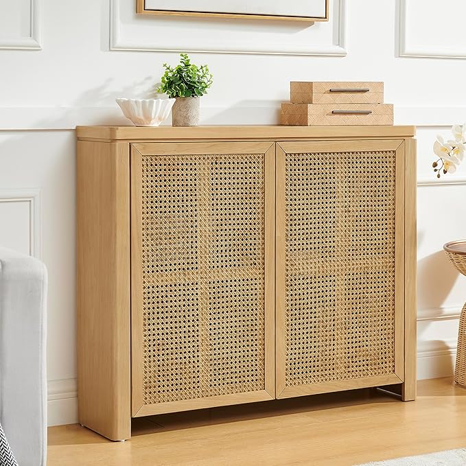 Amposei Mid Century Modern Rattan Sideboard 39.4’’ Small Coffee Bar Console Buffet Cabinet Table for Living Dining Room Entryway Hallway, Natural