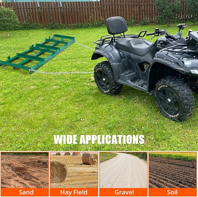 Driveway Drag 48" Wide, Tow-Behind Harrow for Driveways, Landscape Rake for ATVs, UTVs, Tractors, and Mowers, Lawn Leveling Tool with a 6FT Heavy-Duty Chain.