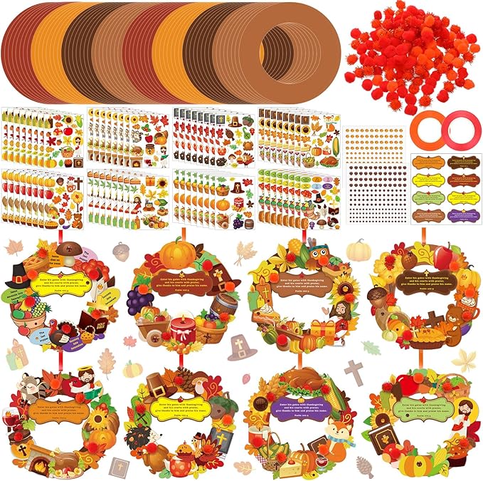 Hollowfly 48 Sets Wreath Craft Kits DIY Wreath Hanging Ornaments Make Your Own Paper Craft with Stickers for Home Party Favors Activities(Christian Thanksgiving)