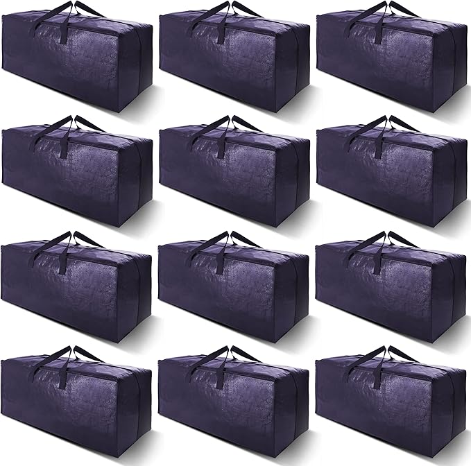 VELVETSURE 12 Pack Heavy Duty Extra Large Moving Bags W/Backpack Straps - Strong Handles & Zippers, Storage Totes For Space Saving, Fold Flat, Alternative to Moving Box and Storage Bin, Blue