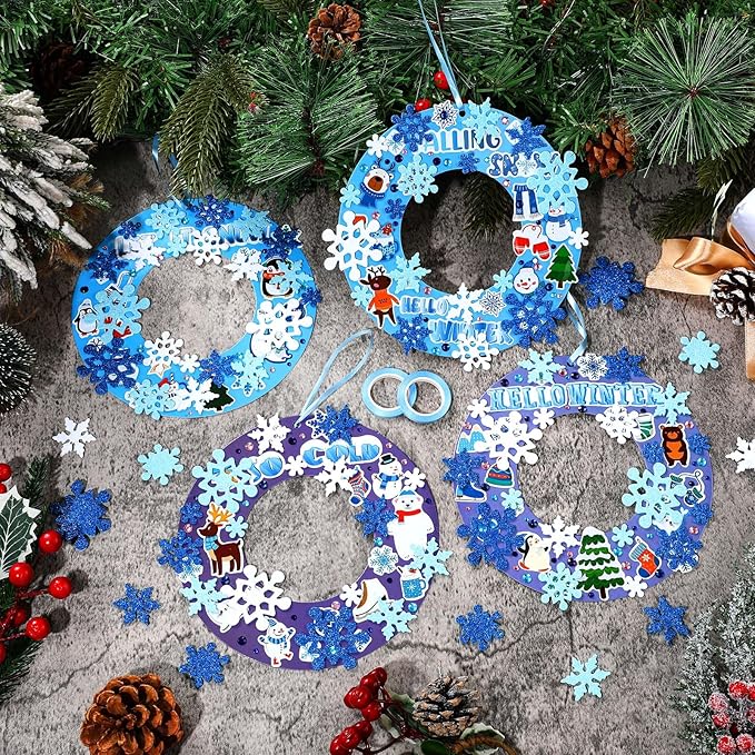 Hollowfly 48 Sets Winter Wreath Craft Kits DIY Snowflake Wreath Hanging Ornaments Make Your Own Paper Craft with Stickers for Winter Xmas Home Party Favors Activities