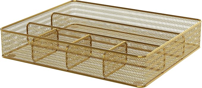 Martha Stewart Ryder Gold Mesh Metal 6 Compartment Large Desk Drawer Organizer for Accessories and Office Supplies